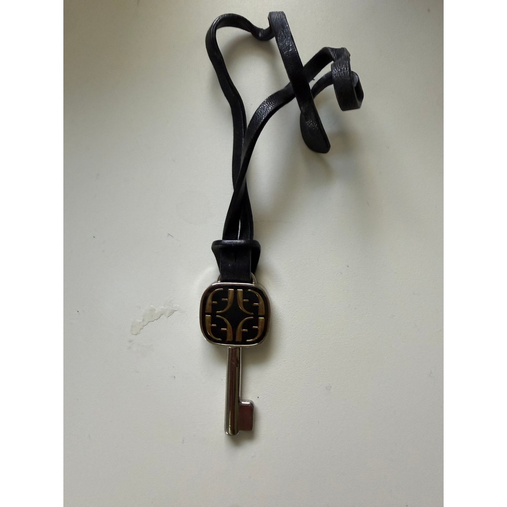 Fossil Silver Key with Black Leather Loop Key Fob Bag Charm